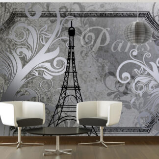 ARTGEIST Fototapet med Eiffeltårnet illustration og grafisk mønster i sølv look (flere størrelser) 150x105