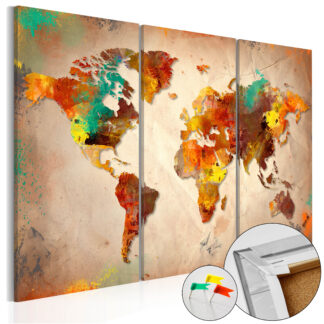 ARTGEIST Painted World - Verdenskort i farverigt design trykt på kork, 3-delt - Flere størrelser 90x60