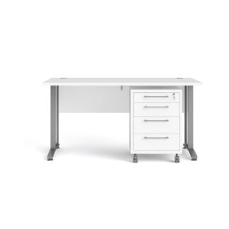 TVILUM Prima skrivebord, m. skuffesektion m. 4 skuffer - hvid træ, stål stel (150x80)